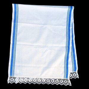 Vintage Flax Kitchen Towel Blue Stripe Lace Trim 39" Long 1940s Utility